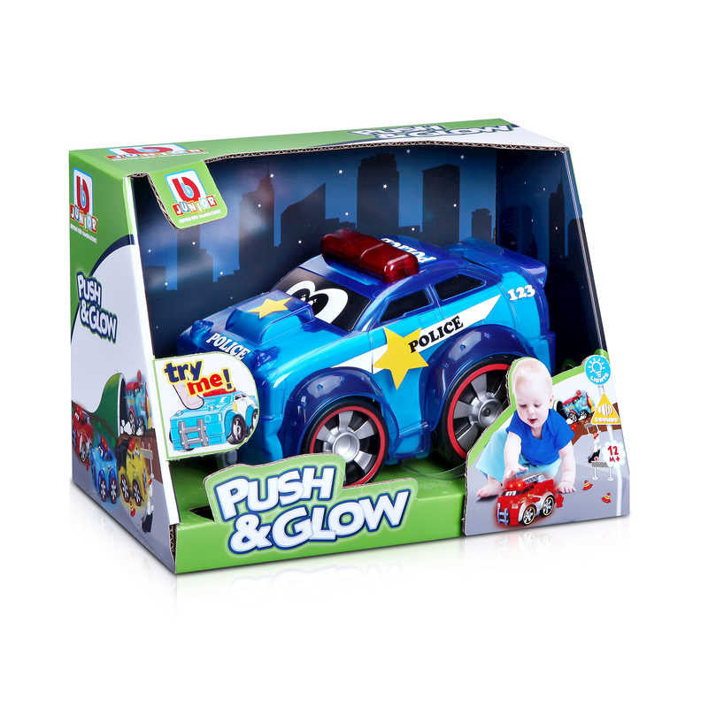 BB Junior Push & Glow Police Car, Cute light up and sound police car built specifically for small children to enjoy. This BB Junior Push & Glow Police Car almost looks like a cartoon character, complete with big eyes on the windscreen. Press down on the top and its roof lights illuminate and make sounds. Light up police car intended for young children Part of the BB Junior range of toys Press down on top to make siren illuminate and play sound Charming cartoon-like appearance Requires 2 x AA batteries Suita