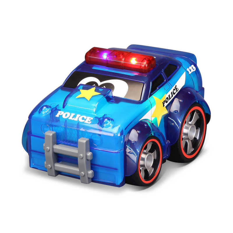 BB Junior Push & Glow Police Car, Cute light up and sound police car built specifically for small children to enjoy. This BB Junior Push & Glow Police Car almost looks like a cartoon character, complete with big eyes on the windscreen. Press down on the top and its roof lights illuminate and make sounds. Light up police car intended for young children Part of the BB Junior range of toys Press down on top to make siren illuminate and play sound Charming cartoon-like appearance Requires 2 x AA batteries Suita