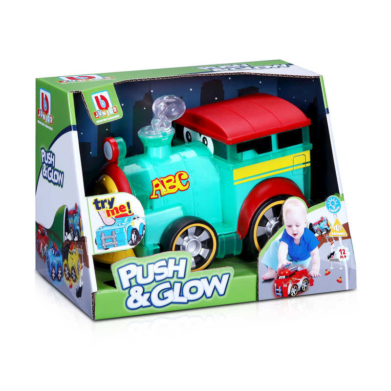 BB Junior Push & Glow Train, Cute light up and sound toy train built specifically for small children to enjoy. This BB Junior Push & Glow Train vehicle almost looks like a cartoon character, complete with big eyes on the windscreen. Press down on the top and the chimney illuminates and makes train sounds. BB Junior Push & Glow Train Light up toy train intended for young children Part of the BB Junior range of toys Press to make chimney illuminate and play sound Charming cartoon-like appearance Requires 2 x 
