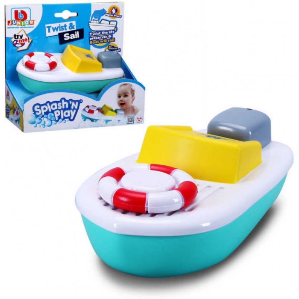 BB Junior Splash 'n' Play Twist & Sail, The BB Junior Splash 'n' Play Twist & Sail is another wonderful addition to the BB Junior line-up, designed specifically for the enjoyment of little water enthusiasts. Built to be both robust and engaging, this wind-up bath toy is perfect for children aged 12 months and up. The toy is simple to operate: all your child needs to do is twist the life ring on the deck to wind the clockwork engine. Once placed in water, the boat sets sail across the surface, delighting you