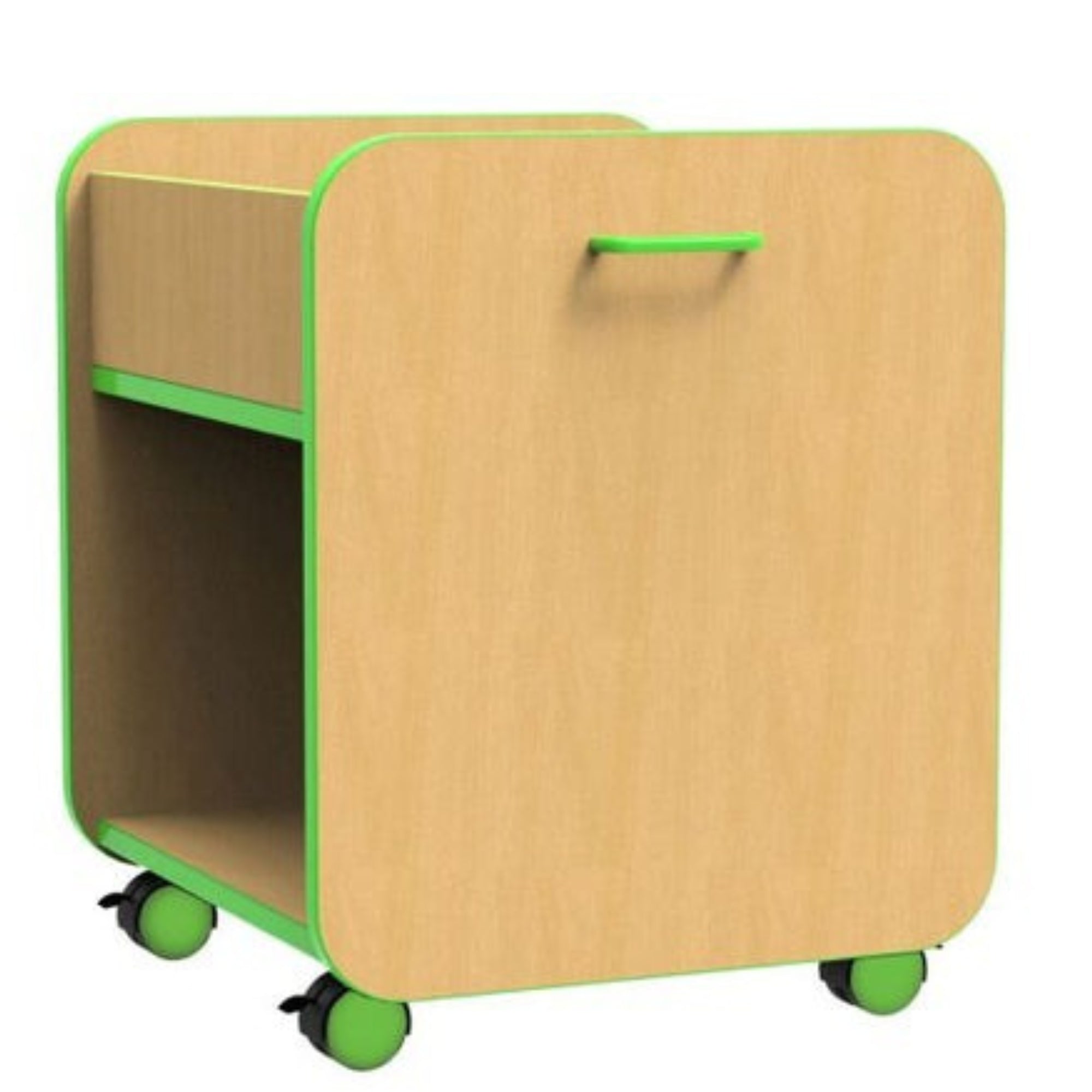 Beam Single Pull Out Storage Unit, The Beam Single Pull Out Storage Unit is an excellent addition to any educational environment. This single pull-out browser unit is versatile and can be used as a stand-alone unit or with docking stations. Manufactured in the UK using high-quality 18mm MFC, this storage unit is built to last. The top section of the unit provides ample storage space, while the shelf below offers additional storage and organization. With colour co-ordinated chunky handles and castors, this u