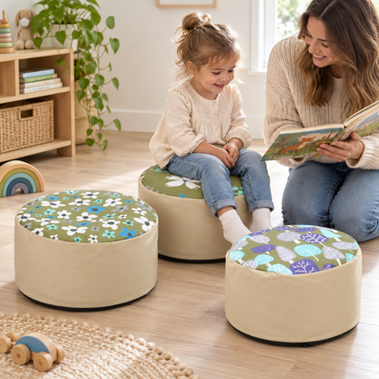 Child seated on Beige/Olive Beany Buffets at nursery storytime
