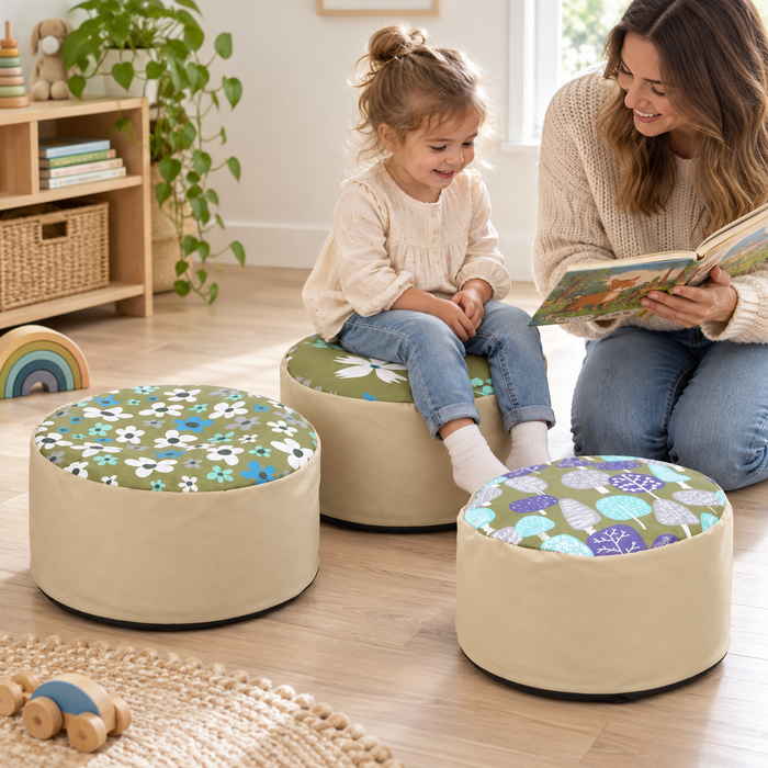 Child seated on Beige/Olive Beany Buffets at nursery storytime