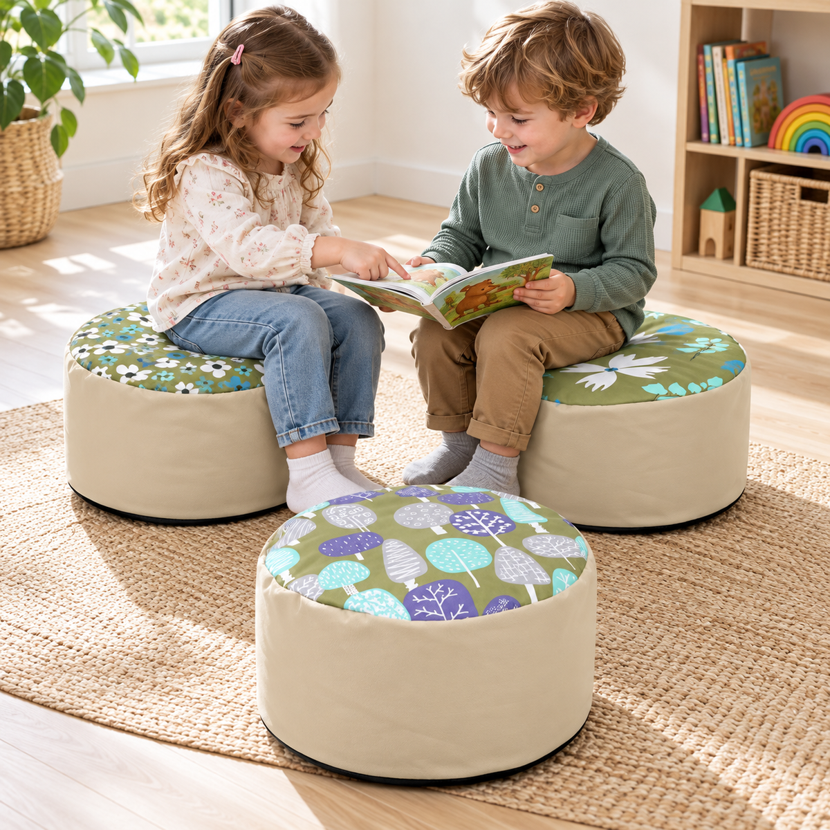 Two children sharing a book on Beany Buffets