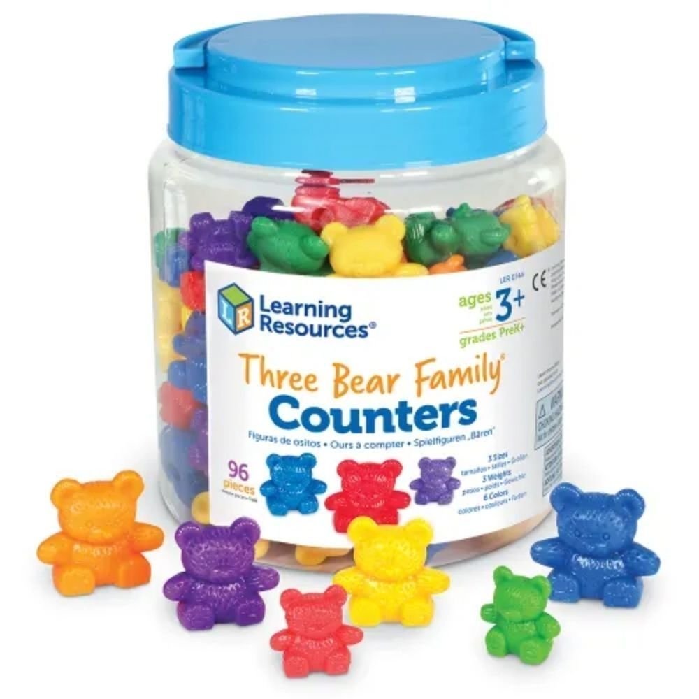 Bear Family Counter Rainbow Set of 96, These adorable Original Three Bear Family® Basic Six Colour Rainbow Counters come in red, yellow, blue and green and four different sizes and masses, weighing respectively 12, 9, 6 and 3 gram. A colourful Bear Family Counter Rainbow Set of 96, each teddy bear displaying its mass on the belly. The Bear Family Counter Rainbow Set of 96 can be used for a wide range of (mathematical) activities. Sort the teddy bears by shape or by size/weight,or create a pattern of bears. 