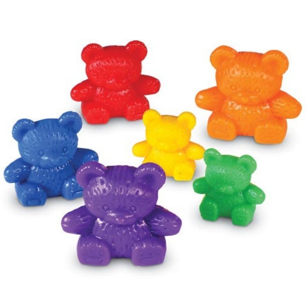 Bear Family Counter Rainbow Set of 96, These adorable Original Three Bear Family® Basic Six Colour Rainbow Counters come in red, yellow, blue and green and four different sizes and masses, weighing respectively 12, 9, 6 and 3 gram. A colourful Bear Family Counter Rainbow Set of 96, each teddy bear displaying its mass on the belly. The Bear Family Counter Rainbow Set of 96 can be used for a wide range of (mathematical) activities. Sort the teddy bears by shape or by size/weight,or create a pattern of bears. 