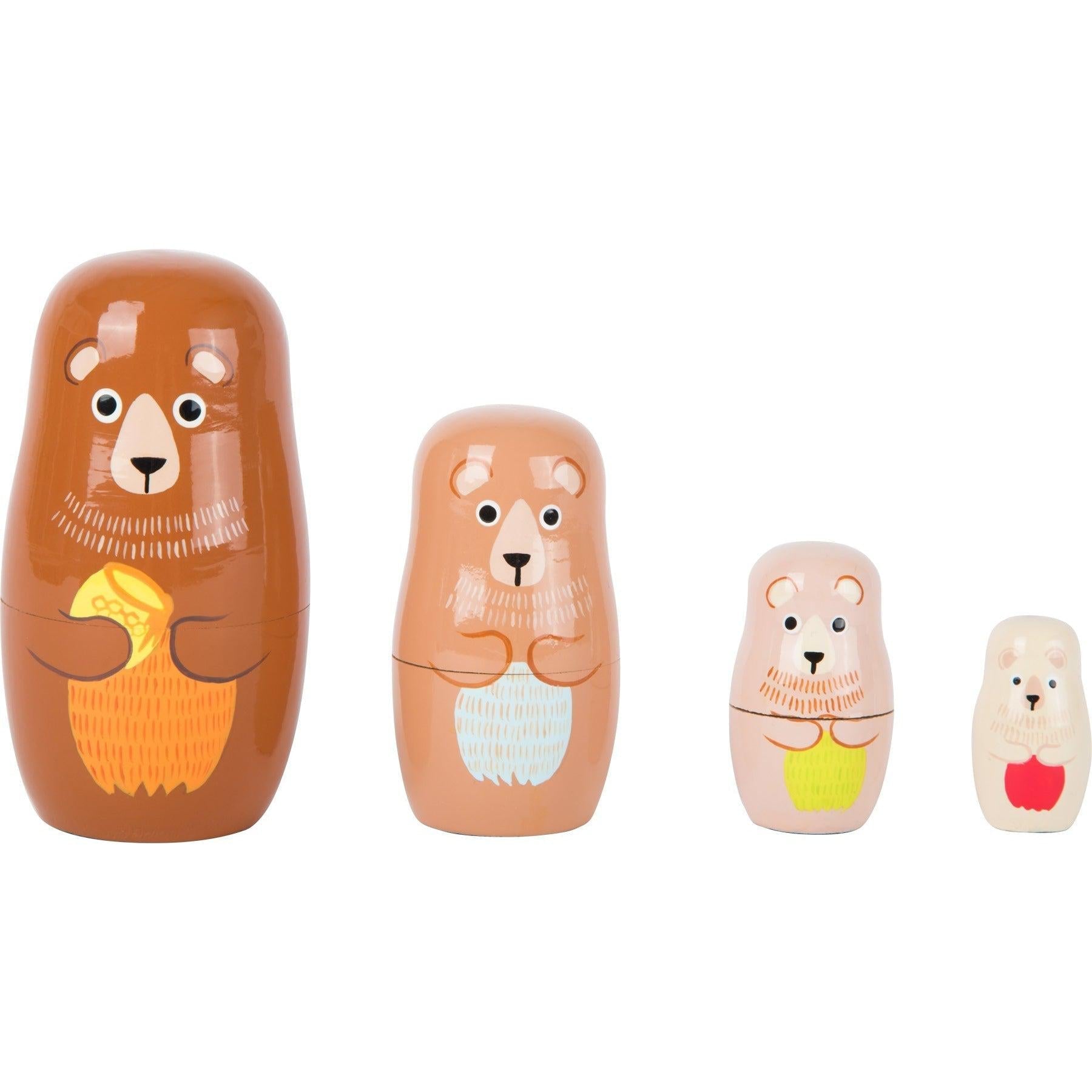 Bear Family Matryoshka, The Bear Family Matryoshka nesting dolls are a delightful and entertaining toy for children. With their bright and bold designs, they are sure to capture the attention and imagination of little ones. These nesting dolls are also a super size, making them easy to take on the go when kids need something to keep them occupied.The Bear Family Matryoshka set includes four cute bear figurines that can be easily stacked inside one another. Each wooden doll is painted with great detail, offe