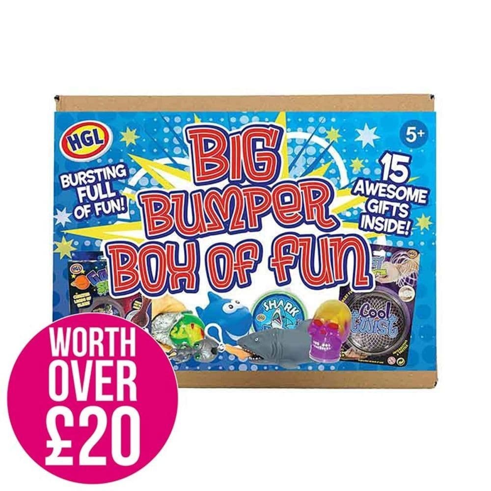 Big Bumper Box of Fun Blue, Break open this big blue bumper box of fun, and discover a treasure trove of toys waiting inside! Each box is absolutely jam-packed with 15 toys including slime, figures, keyrings and a whole lot more. The RRP of the contents is over £20, so you're guaranteed to save at least 25% on the cost of the individual items. The Big Bumper Box of Fun Blue is an incredible gift in itself, but is also extremely handy for stocking fillers, scavenger hunts, party game prizes, and just about a