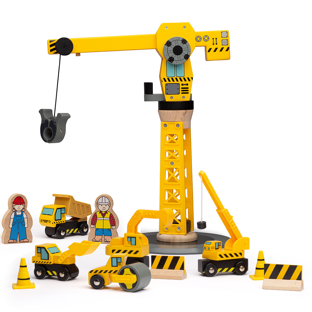Big Crane Construction Set, It’s tiring work at the building site and time to get serious! Towering up into the skyline, this working wooden crane toy can lift a load, swivel it around and also move it forwards and backwards. An impressive wooden train accessory, it’s just like the real thing! Certain to keep every element of the wooden railway network in great shape, construction site workers and their vehicles are on hand to assist with every project that needs completing with our Big Crane. Consists of 1