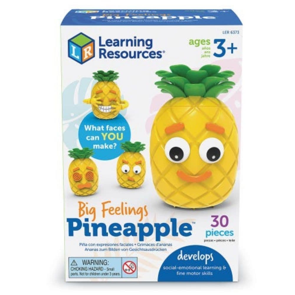 Big Feelings Pineapple, Use the 26 different pieces to build expressions on the Big Feelings Pineapple and help preschool children learn about how emotions and facial expressions show what people are feeling. This fun Big Feelings Pineapple is a social emotional learning (SEL) toy which is ideal for giving children the opportunity to identify and talk about expressions and feelings through hands-on play. Help children build social emotional skills by building facial expressions with this fun pineapple-theme