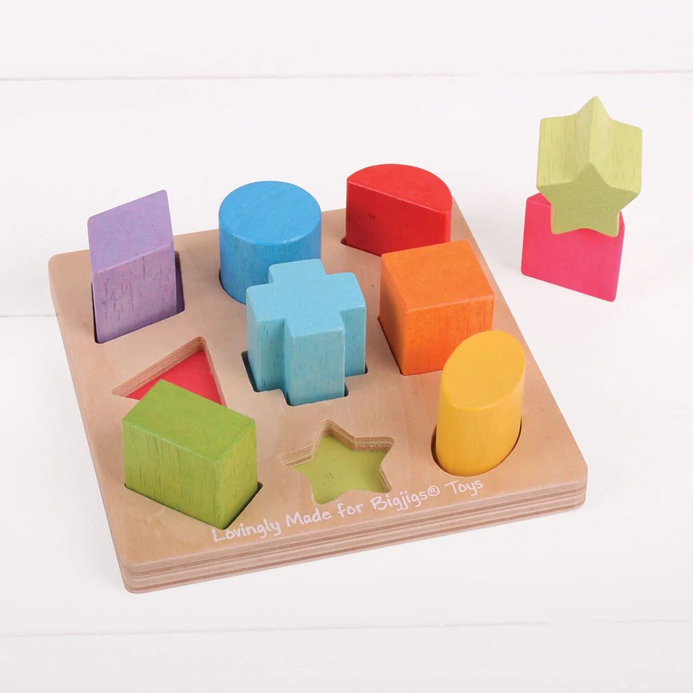 Bigjig First Shapes Sorter, The Bigjig First Shapes Sorter offers a fantastic playtime experience for little ones who are just beginning to explore the world of shapes and colours. Designed for ages 1 and up, this interactive toy comes with high-quality wooden shapes that fit into corresponding slots on a sturdy base board. Features of the Bigjig First Shapes Sorter Simple Yet Engaging Design 10 Play Pieces: The set consists of chunky, brightly coloured wooden shapes. Base Tray: After playtime, all blocks c