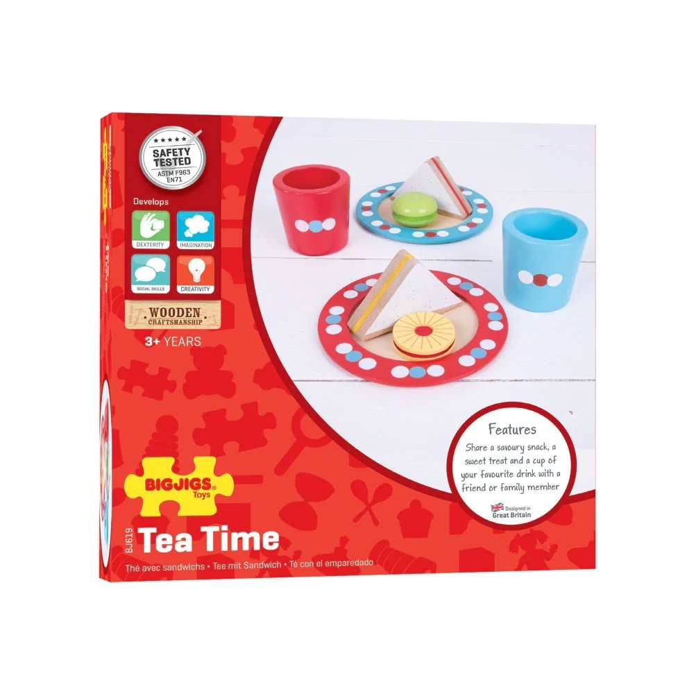 Bigjigs Afternoon Tea, Indulge in the delightful tradition of afternoon tea with the Bigjigs Toys wooden Tea Time playset. Designed for young tea enthusiasts, this playset allows children to share a scrumptious meal with a friend or family member, fostering a sense of togetherness and social bonding.The Bigjigs Afternoon Tea set is complete with everything needed for a perfect tea party. It includes two charming wooden plates, cups, sandwiches, and two delectable sweet treats. Little ones can use their imag