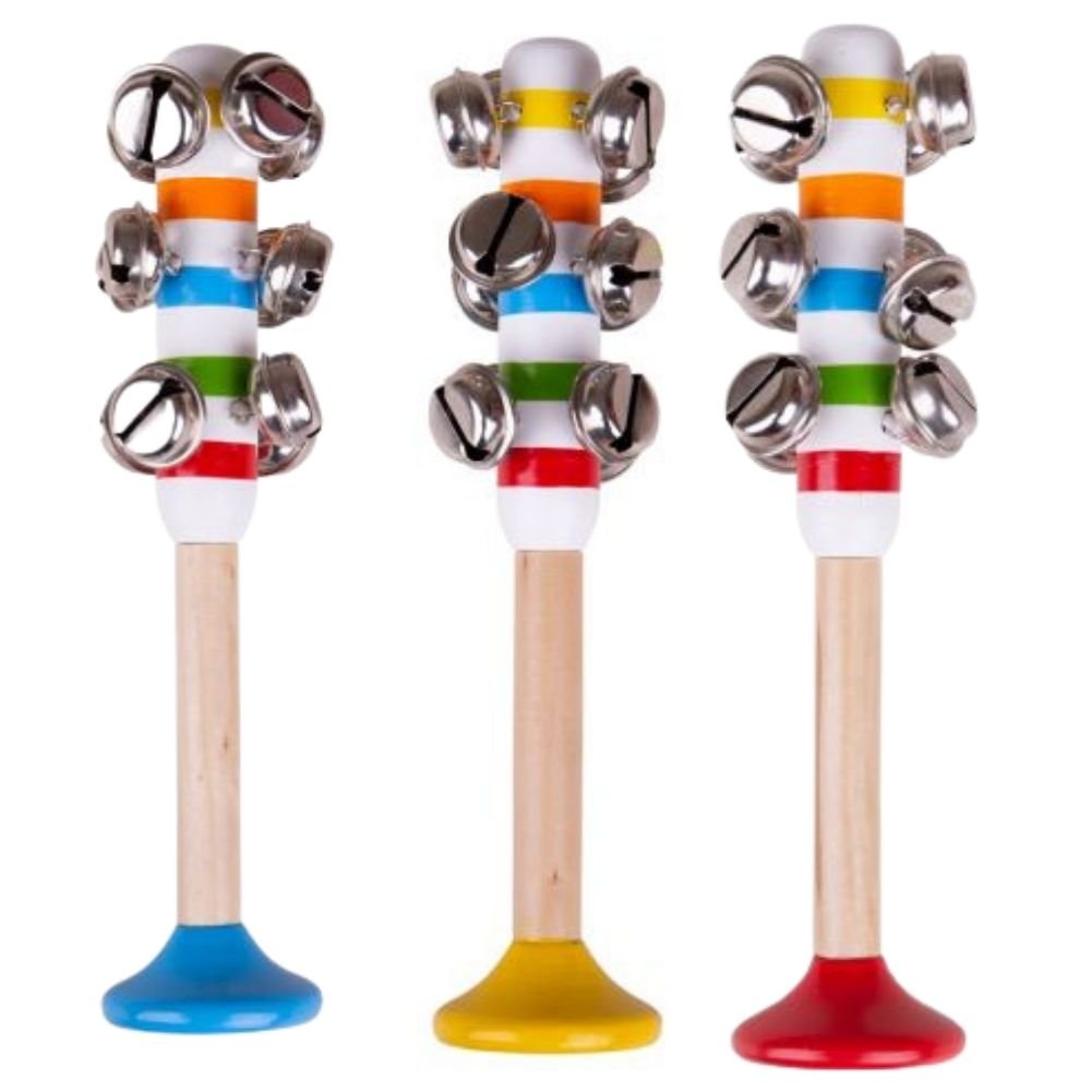 Bigjigs Bell Stick, These bell sticks are sure to delight little ones as they learn to play along in time to the music, or just enjoy creating a tinkling bell sound. The brightly coloured wooden handles are perfectly sized for little hands to grip and shake. Highly durable with a traditional design, the Bigjigs Toys Bell Sticks are the perfect stocking filler, pocket money gift or party bag treat. Fun and educational this musical toy is ideal for young children to experiment with and create interesting and 