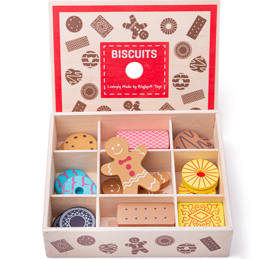 Bigjigs Biscuit Box, Our best-selling wooden Bigjigs Biscuit Box is full of delicious wooden play food biscuits. This colourful toy food is perfect for sharing and for those with a sweet tooth! Includes an assortment of well-loved biscuits, including gingerbread men, party rings, custard creams, pink wafers, and much more! Whether your little rascal is hosting a tea party or selling biscuits in their Play Shop, the Bigjigs Toys Biscuit Box is the ideal role play accessory and great for stimulating little im