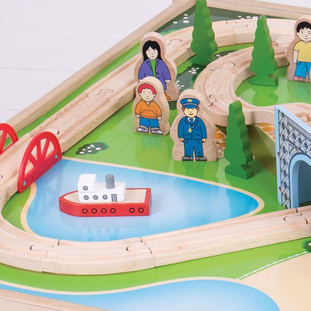 Bigjigs City Train Set and Table, This wooden Bigjigs City Train Set and Table will inspire and educate young minds in equal measure.The raised Bigjigs City Train Set and Table allows more children to get involved in the play session, as well as ensuring that every part of the network is easily accessible. The Bigjigs City Train Set and Table includes high quality wooden train tracks, a unique metro style train, heli-pad, bridges, buildings, figures, trees, road signs, a boat and vehicles. Flat packed with 