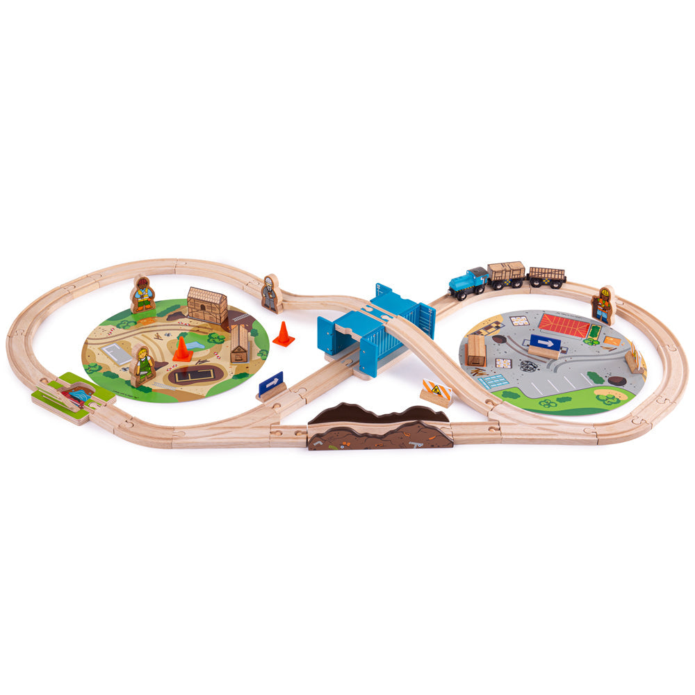 Bigjigs Construction Train Set, Little builders are going to love playing with our Construction Wooden Train Set! This 50 piece wooden railway comes packed with two playmats, a burst water pipe track, a container tunnel, construction workers, signs and a train with buildable houses! Young imaginations can run wild as they act out each construction play scene with their toy trains. Train sets are a great way to develop kids’ creativity and fine motor skills! Where are the builders heading next? What new hous