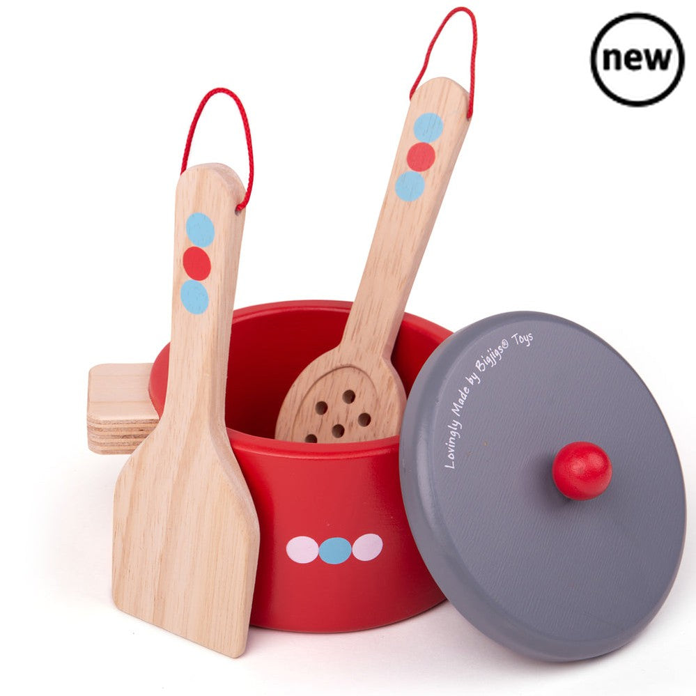 Bigjigs Cooking Pans, Budding young chefs will be able to cook up some hearty meals with these delightful wooden toys. This pretend play set includes a frying pan, two cooking pots and wooden utensils. The perfect addition to any wooden play kitchen. What are you cooking today? Soup? Pasta? Your youngster will be able to learn how to hold and use the cooking utensils the correct way and will soon be cooking up a family feast! This wooden playset is guaranteed to produce hours of playtime fun. Encourages cre