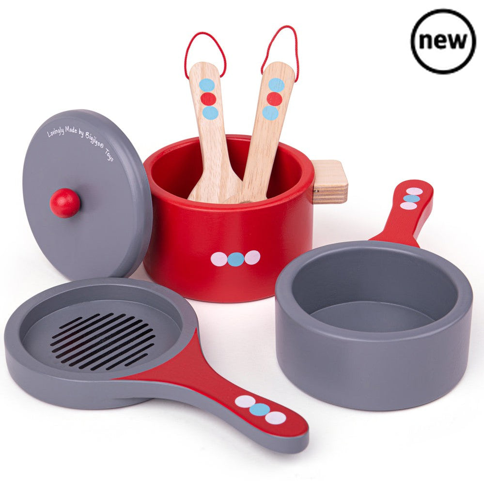 Bigjigs Cooking Pans, Budding young chefs will be able to cook up some hearty meals with these delightful wooden toys. This pretend play set includes a frying pan, two cooking pots and wooden utensils. The perfect addition to any wooden play kitchen. What are you cooking today? Soup? Pasta? Your youngster will be able to learn how to hold and use the cooking utensils the correct way and will soon be cooking up a family feast! This wooden playset is guaranteed to produce hours of playtime fun. Encourages cre