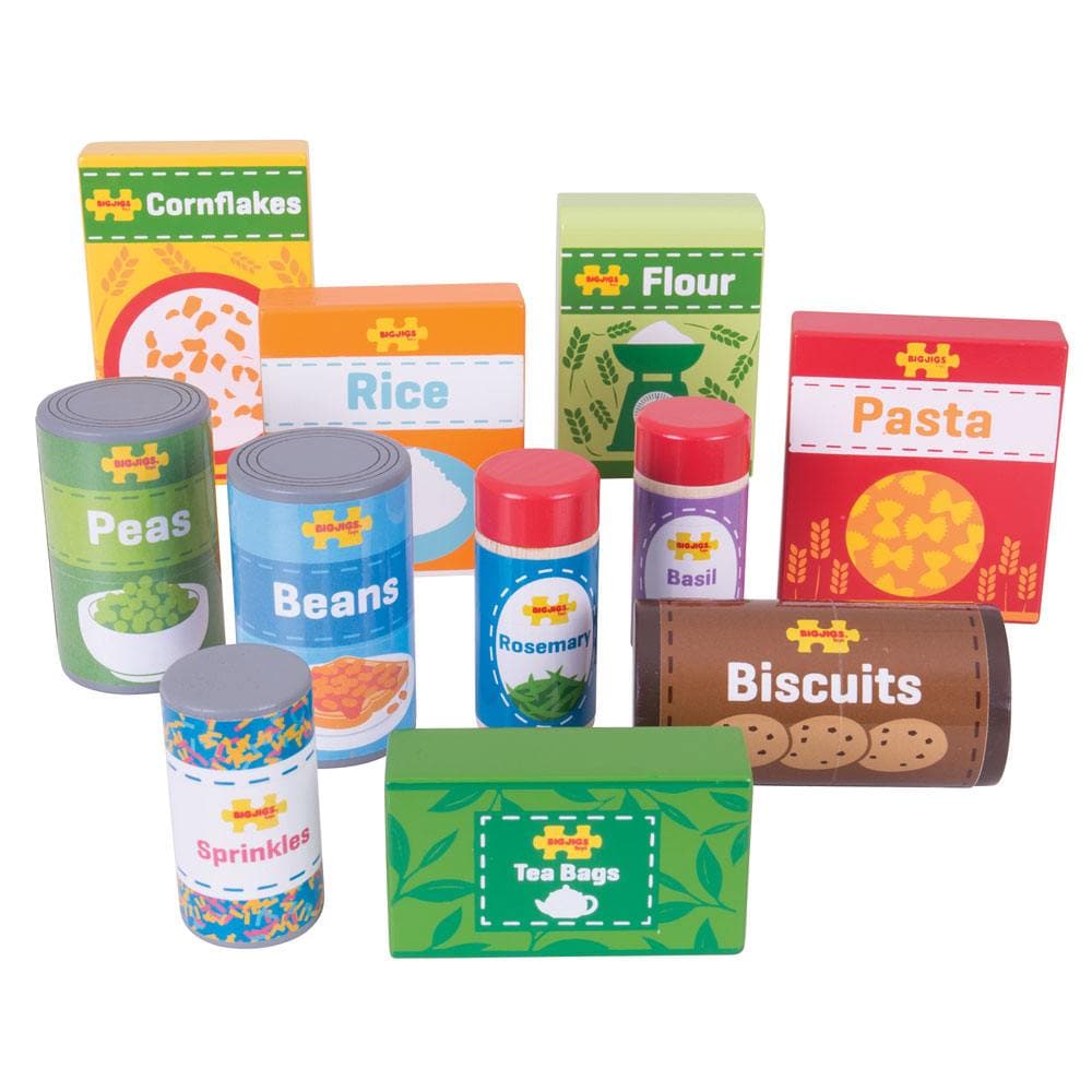 Bigjigs Cupboard Groceries, Little ones can stock up their Bigjigs Toys Village Shop or Play Kitchen cupboards with this colourful variety of wooden play food. The Bigjigs Cupboard Groceries set includes a range of wooden food toys including pasta, rice, cornflakes, biscuits, teabags, beans and more! Toy food encourages imaginative role-play sessions and helps to develop dexterity and improve coordination. Bigjigs Toys wooden play food is ideal to help your little one to learn about the importance of a heal