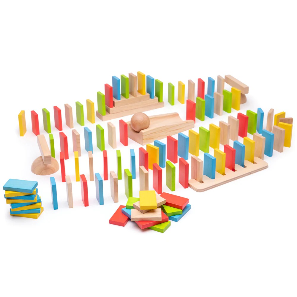 Bigjigs Domino Run, The Bigjigs Domino Run is an extensive wooden domino set that will keep children, and even adults, entertained for hours on end. Children can set up the dominoes in a range of sequences, knock them down, and repeat over and over again! This 110 piece dominoes toy comes complete with a ball, ramp, two direction changers and stairs which can be added to any sequence to make it even more exciting! The fun doesn't have to end there though, children can get creative using books, CD cases and 