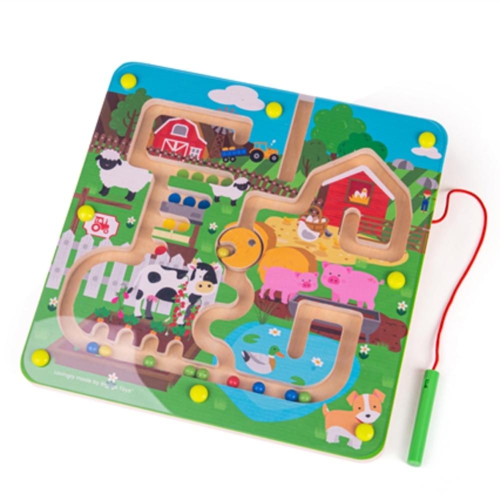 Bigjigs Farmyard Maze Puzzle, The Bigjigs Farmyard Maze Puzzle offers young learners an engaging and entertaining way to delve into farmyard adventures while honing important developmental skills. Vibrantly coloured and set within a wooden frame adorned with an attractive farm scene, this maze puzzle is both aesthetically pleasing and educational. Featuring four magnetic balls in various colours, the objective is to guide them through the maze from one side of the board to the other. Children can have fun s