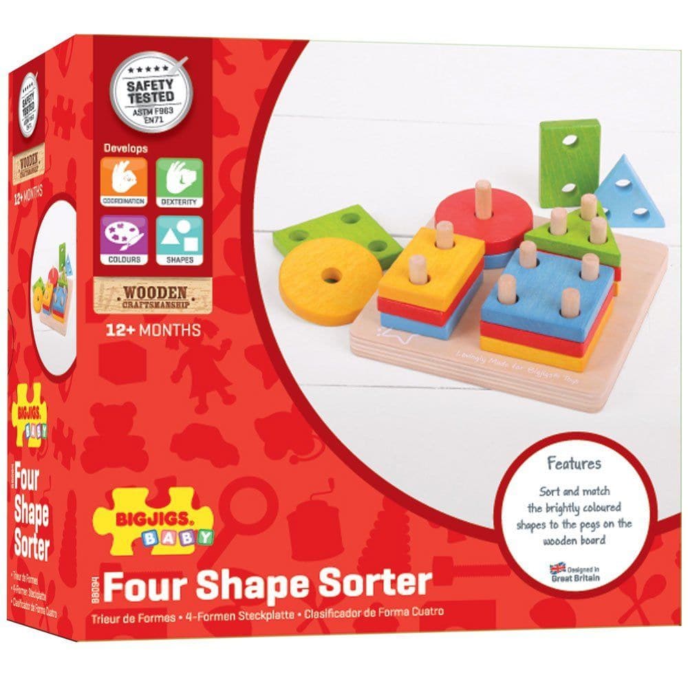 Bigjigs First Four Shape Sorter, The ideal first wooden shape sorter, our First Four Shape Sorter introduces tots to shapes and colours as they play. Sort and match the vibrant wooden shapes into four piles. A great way to learn about numbers and encourage shape recognition. Each wooden shape slots onto the pegged base board. Helps to develop dexterity and co-ordination. Made from high quality, responsibly sourced materials. Conforms to current European safety standards. Consists of 17 play pieces. First Fo