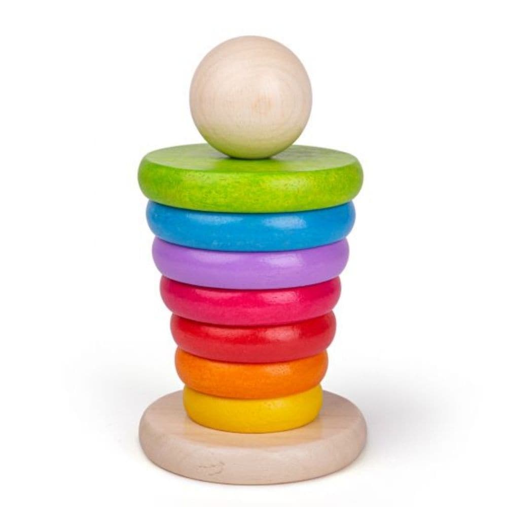 Bigjigs First Rainbow Stacker, Learn all about size, from the biggest to the smallest, with this brightly coloured Bigjigs First Rainbow Stacker that features wooden hoops to stack on the pole. The Bigjigs First Rainbow Stacker folds flush with the stand when it's empty, for optimum safety. The Bigjigs First Rainbow Stacker helps to develop dexterity and co-ordination. The Bigjigs First Rainbow Stacker is made from high quality, responsibly sourced materials. Conforms to current European safety standards. C