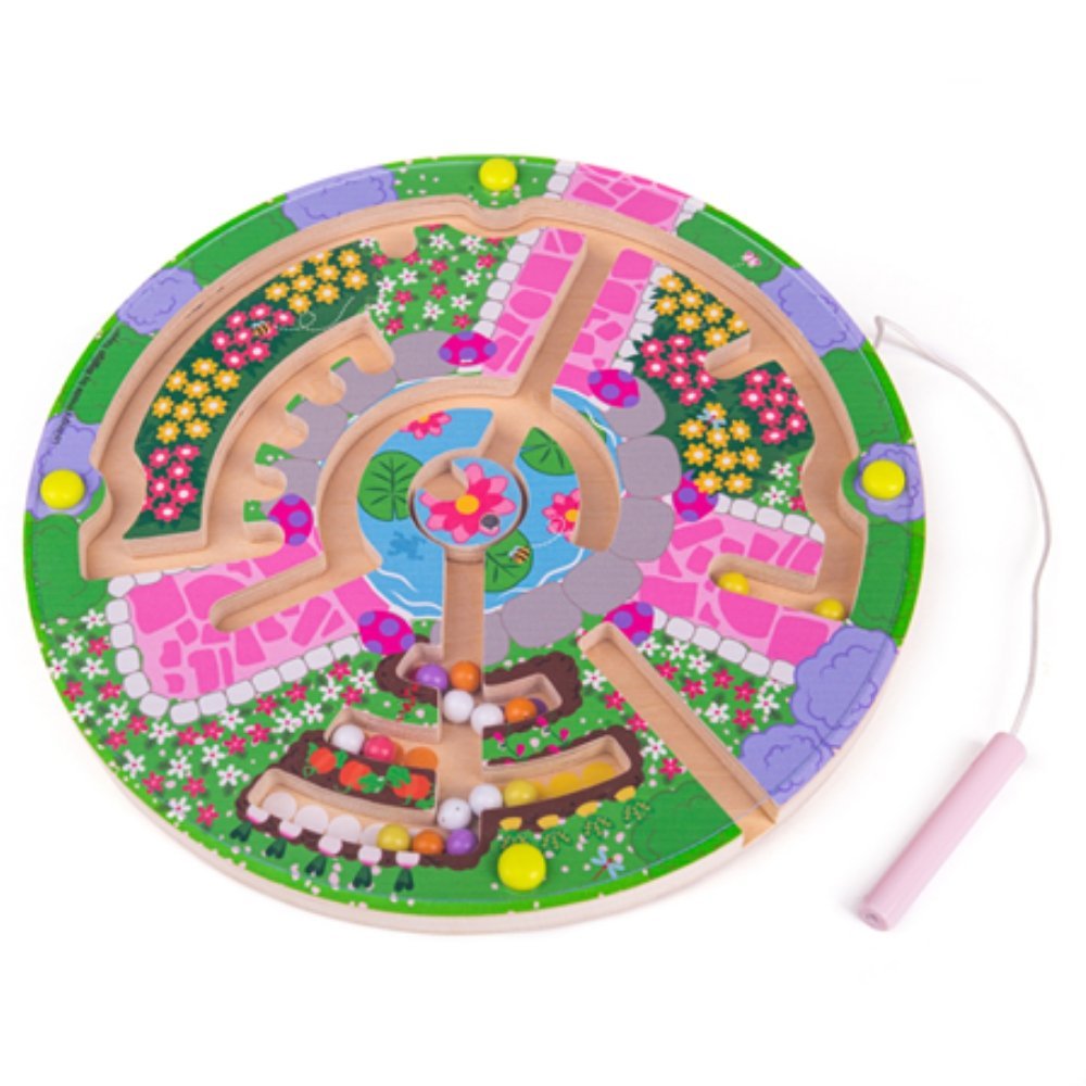 Bigjigs Flower Garden Maze Puzzle, The Bigjigs Flower Garden Maze Puzzle is a delightful addition to any playroom, offering young learners a blend of fun and skill development wrapped in a vibrant floral design. This Bigjigs Flower Garden Maze Puzzle is decorated with an enchanting flower garden scene, complete with a pond, lily pads, and a fuschia crazy paving path. Children can engage in a fun seek-and-find game as they navigate the maze. Featuring four small magnetic balls in various colours, the aim is 