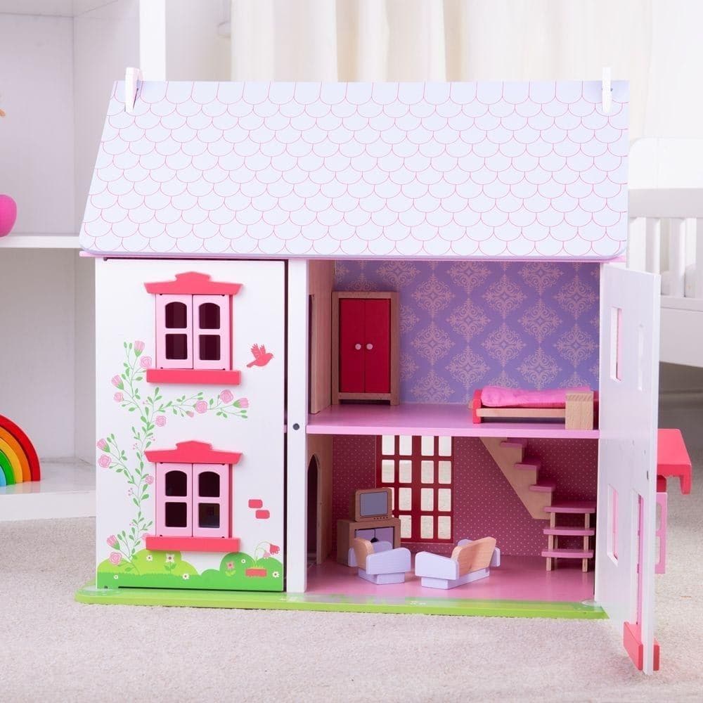 Bigjigs Heritage Playset Rose Cottage, What a beautiful wooden dolls’ house from Bigjigs Heritage Playset Rose Cottage will delight and enthral lucky young dolls’ house owners who will spend hours playing with this gorgeous wooden toy. The Bigjigs Heritage Playset Rose Cottage is a stunning addition to any play corner. Children will enjoy arranging the furniture in the four rooms and playing in the attic space (which can be accessed via the roof). Dolls’ houses are fantastic role play toys that provide hour