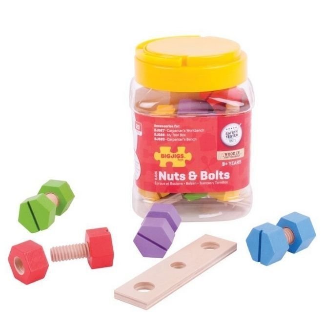 Bigjigs Jar of Nuts and Bolts, Unlock a World of Learning with Bigjigs Jar of Nuts and Bolts!Turn your young one into a budding engineer with our vibrant and chunky wooden Nuts and Bolts set from Bigjigs. Specifically designed to boost your child’s developmental skills, this set is more than just a toy—it’s a tool for enriching young minds. Bigjigs Jar of Nuts and Bolts Features: Perfectly Sized for Little Hands Our wooden Nuts and Bolts are chunky enough to make grasping easy for small hands, paving the wa