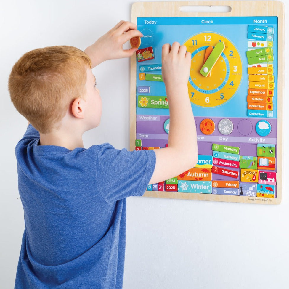Bigjigs Magnetic Weather Board, This brightly coloured Magnetic Weather Board will help little ones to learn all about the different seasons and where they fit into the yearly calendar, days/dates, months and years as well as telling time and describing the weather and different activities. The colourful clock face features moveable hands, the 12 and 24 hour clocks and handy annotations next to each number showing how many minutes past or to the hour each number represents. The magnetic pieces allow for lot