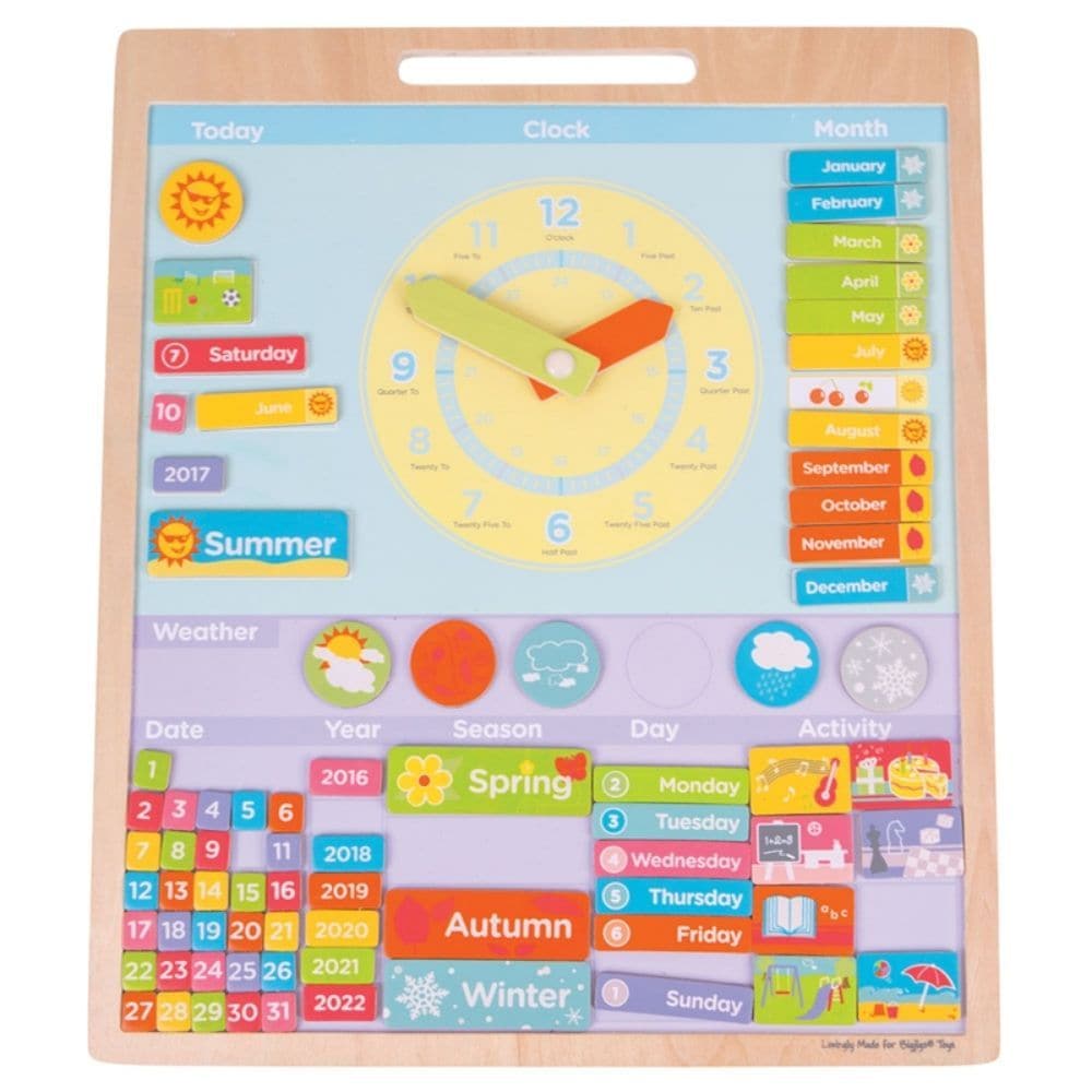 Bigjigs Magnetic Weather Board, This brightly coloured Magnetic Weather Board will help little ones to learn all about the different seasons and where they fit into the yearly calendar, days/dates, months and years as well as telling time and describing the weather and different activities. The colourful clock face features moveable hands, the 12 and 24 hour clocks and handy annotations next to each number showing how many minutes past or to the hour each number represents. The magnetic pieces allow for lot
