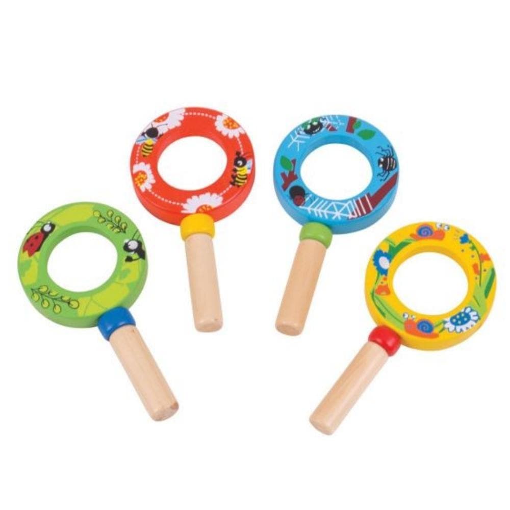 Bigjigs Mini Magnifiers (Pk 4), Grab your Bigjigs Mini Magnifiers and head out into the garden to discover a tiny world, enlarged! These traditional Bigjigs Mini Magnifiers feature a chunky handle that is easy for little hands to grasp and hold whilst exploring. A useful educational toy, our sturdy and robust magnifiers are ideal for hunting minibeasts, studying insects and plants, examining small objects, reading small text and even playing spies and detectives! Magnifiers are a great way to develop observ