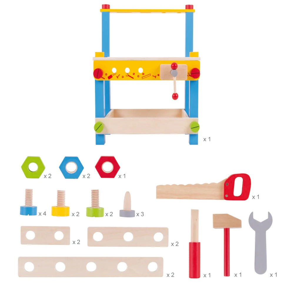 Bigjigs My First Workbench, What every young crafter needs is the sturdy My First Workbench! This colourful wooden toy work bench includes plenty of wooden features and tools to inspire hours of imaginative play. This extensive construction toy set includes a clamp, wrench, nuts & bolts, screwdriver and more! Young builders will be able to learn the basic concepts of tools and how they work. The My First Workbench is a great way to improve hand/eye co-ordination, motor skills and develop creative and imagin