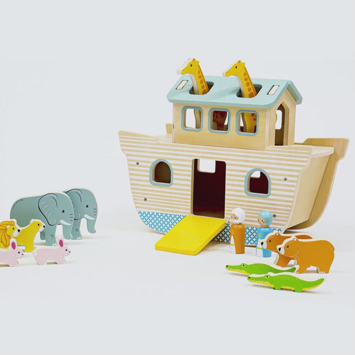 Bigjigs Noah's Ark 100% FSC, This Bigjigs Noah's Ark 100% FSC toy will take your child to the picturesque biblical scenery full of different playing figures of all shapes and sizes. The Bigjigs Noah's Ark 100% FSC set includes preparing to sail Ark with Noe, his wife and many pair's of animal including giraffes, lions, elephants, rabbits, bears and alligators. Let animals board the boat, two-by-two via the foldable ramp The Bigjigs Noah's Ark 100% FSC toy promotes creative play and develops a child's dexter