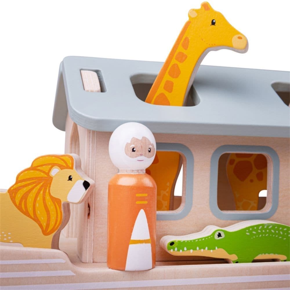 Bigjigs Noah's Ark 100% FSC, This Bigjigs Noah's Ark 100% FSC toy will take your child to the picturesque biblical scenery full of different playing figures of all shapes and sizes. The Bigjigs Noah's Ark 100% FSC set includes preparing to sail Ark with Noe, his wife and many pair's of animal including giraffes, lions, elephants, rabbits, bears and alligators. Let animals board the boat, two-by-two via the foldable ramp The Bigjigs Noah's Ark 100% FSC toy promotes creative play and develops a child's dexter
