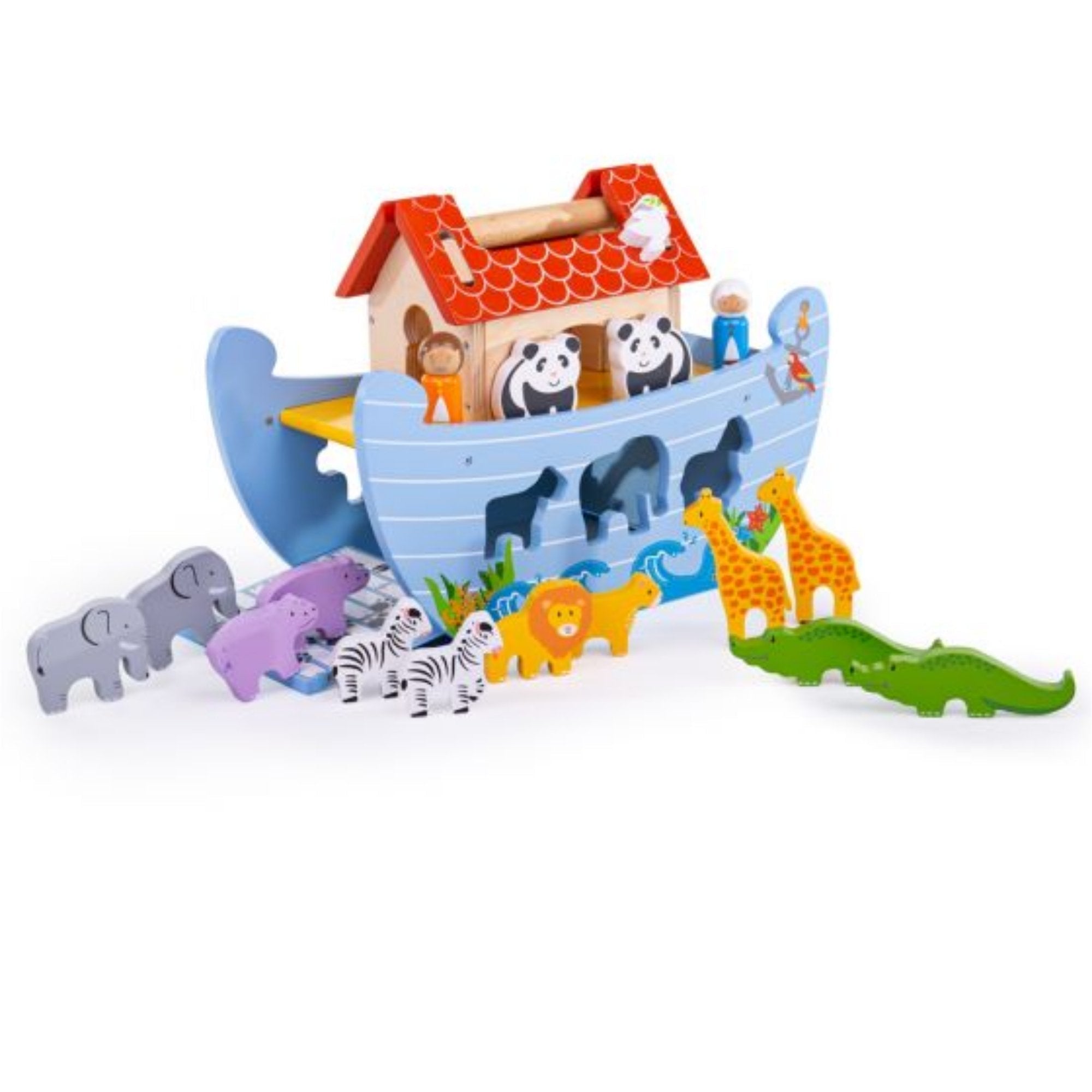 BigJigs Noahs Ark, Noah and his wife welcome animals of all shapes and sizes aboard their brightly coloured wooden Noah's Ark. It's almost time to set sail, but first there's plenty of fun to be had with this wooden Noah's Ark toy. Some of the happy tribe of animals have magnets on their backs so that they can be attached to the side of the ark, while some can be slotted through the holes in the side! There's even a floating dolphin and a fold-down ramp so that the animals can enter two by two! A sturdy car