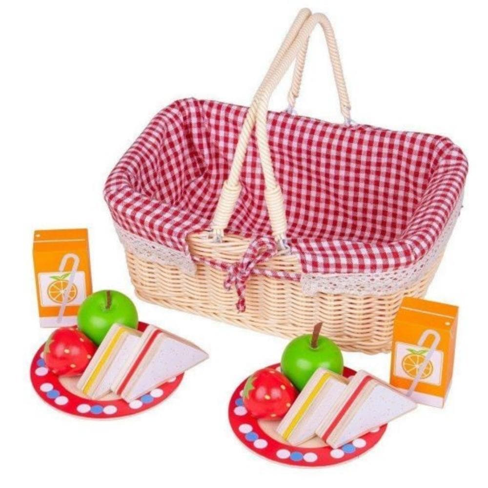 Bigjigs Picnic Basket, This traditional Picnic Basket comes with all the picnic essentials! Includes wooden play food such as sandwiches, strawberries, apples and cartons of orange juice. Complete with plates, a wicker picnic basket and matching picnic blanket. Picnic with your teddies, or head to the park with friends or family. Perfect for interactive play sessions. Our Picnic Basket set teaches little ones about the importance of a healthy and balanced diet . Encourages creative and imaginative roleplay.