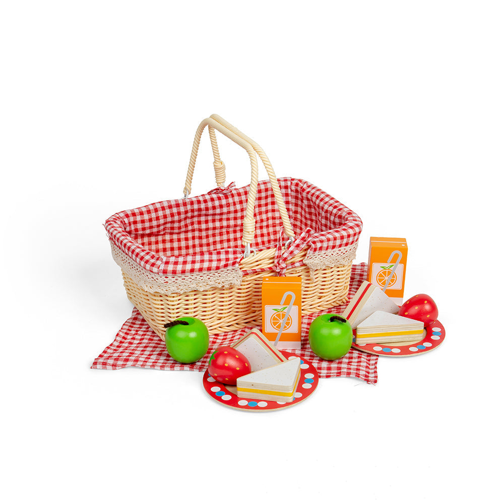 Bigjigs Picnic Basket, This traditional Picnic Basket comes with all the picnic essentials! Includes wooden play food such as sandwiches, strawberries, apples and cartons of orange juice. Complete with plates, a wicker picnic basket and matching picnic blanket. Picnic with your teddies, or head to the park with friends or family. Perfect for interactive play sessions. Our Picnic Basket set teaches little ones about the importance of a healthy and balanced diet . Encourages creative and imaginative roleplay.