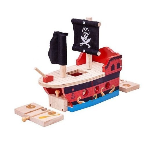 Bigjigs Pirate Galleon, This wooden Pirate Galleon makes an exciting addition to a track layout. Your little one can watch the train steam through the lower deck through the portholes and viewing hole and then close up the elasticated track pieces on either end when it comes time to set sail in the octopus infested waters! Encourages imagination, dexterity and co-ordination. Bigjigs Pirate Galleon Most other major wooden railway brands are compatible with Bigjigs Rail. Made from high quality, responsibly so