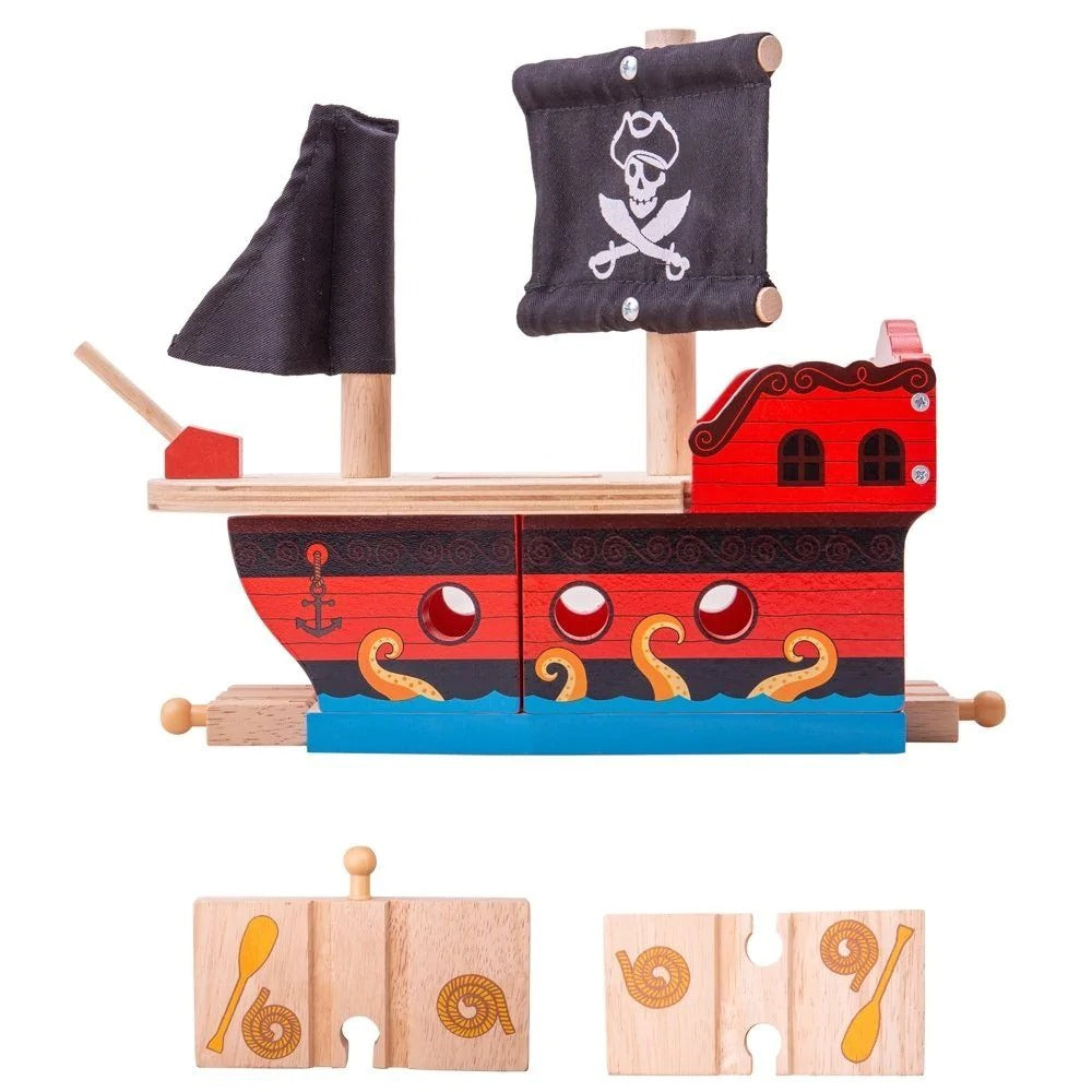 Bigjigs Pirate Galleon, This wooden Pirate Galleon makes an exciting addition to a track layout. Your little one can watch the train steam through the lower deck through the portholes and viewing hole and then close up the elasticated track pieces on either end when it comes time to set sail in the octopus infested waters! Encourages imagination, dexterity and co-ordination. Bigjigs Pirate Galleon Most other major wooden railway brands are compatible with Bigjigs Rail. Made from high quality, responsibly so