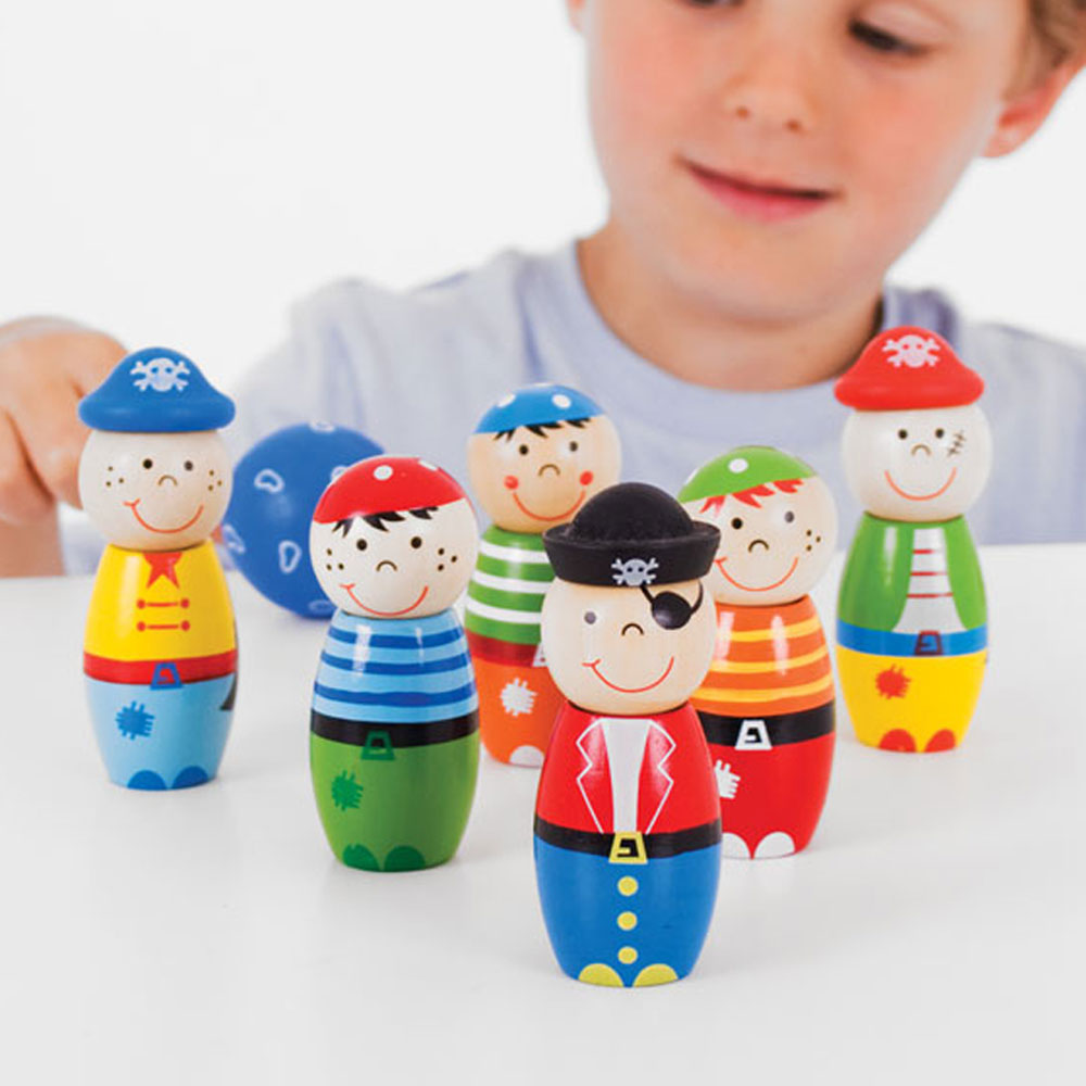 Bigjigs Pirate Skittles, These brightly coloured Bigjigs Pirate Skittles are ready for action.They love nothing more than being knocked over, straightened up, and then knocked over again! It's a classic game that's perfect for extended play sessions with family and friends. Bigjigs Pirate Skittles Features: Quality Craftsmanship: Crafted from wood, our Bigjigs Pirate Skittles are built to last for countless games and adventures. Developmental Benefits: This game isn't just fun; it's also educational. It hel