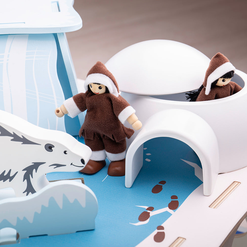 Bigjigs Polar Glacier, Bring one of the world's most dramatic and fascinating landscapes to life with this magnificent wooden Polar Glacier Playset from Bigjigs Toys. This delightfully detailed wooden Bigjigs Polar Glacier features 2 Eskimos, 5 arctic animals, an igloo with a removable roof, a fishing hole and an ice trap door. Help the Eskimo to catch fish in the ice pond, before warming up in the igloo. Be careful walking on the ice, you might fall through the trap door! A great way to develop storytellin