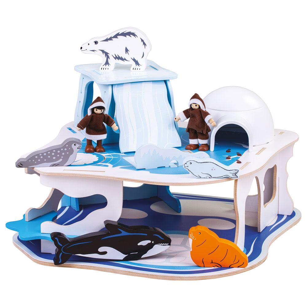 Bigjigs Polar Glacier, Bring one of the world's most dramatic and fascinating landscapes to life with this magnificent wooden Polar Glacier Playset from Bigjigs Toys. This delightfully detailed wooden Bigjigs Polar Glacier features 2 Eskimos, 5 arctic animals, an igloo with a removable roof, a fishing hole and an ice trap door. Help the Eskimo to catch fish in the ice pond, before warming up in the igloo. Be careful walking on the ice, you might fall through the trap door! A great way to develop storytellin
