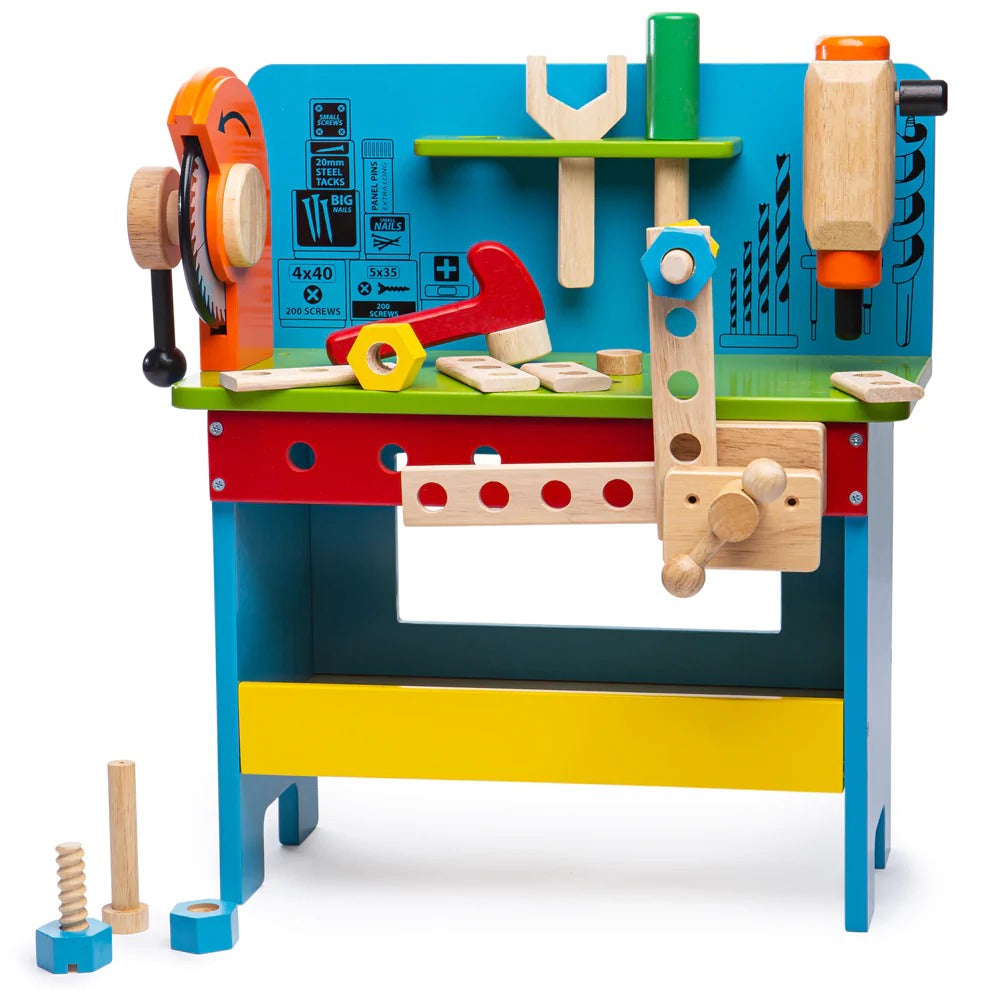Bigjigs Powertools Workbench, This sturdy, colourful wooden Bigjigs Powertools Workbench is packed with features, including a clamp, spanner, power screwdriver, hammer, a vice, and plenty of nuts and bolts for mini builders. Toy workbenches help to develop dexterity and co-ordination as well as an immersive role-play experience as kids pretend to do DIY just like the grown-ups do. The Bigjigs Powertools Workbench is made from high-quality, responsibly sourced materials. Conforms to current European safety s