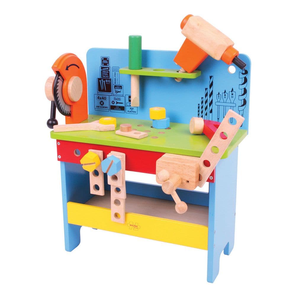 Bigjigs Powertools Workbench, This sturdy, colourful wooden Bigjigs Powertools Workbench is packed with features, including a clamp, spanner, power screwdriver, hammer, a vice, and plenty of nuts and bolts for mini builders. Toy workbenches help to develop dexterity and co-ordination as well as an immersive role-play experience as kids pretend to do DIY just like the grown-ups do. The Bigjigs Powertools Workbench is made from high-quality, responsibly sourced materials. Conforms to current European safety s