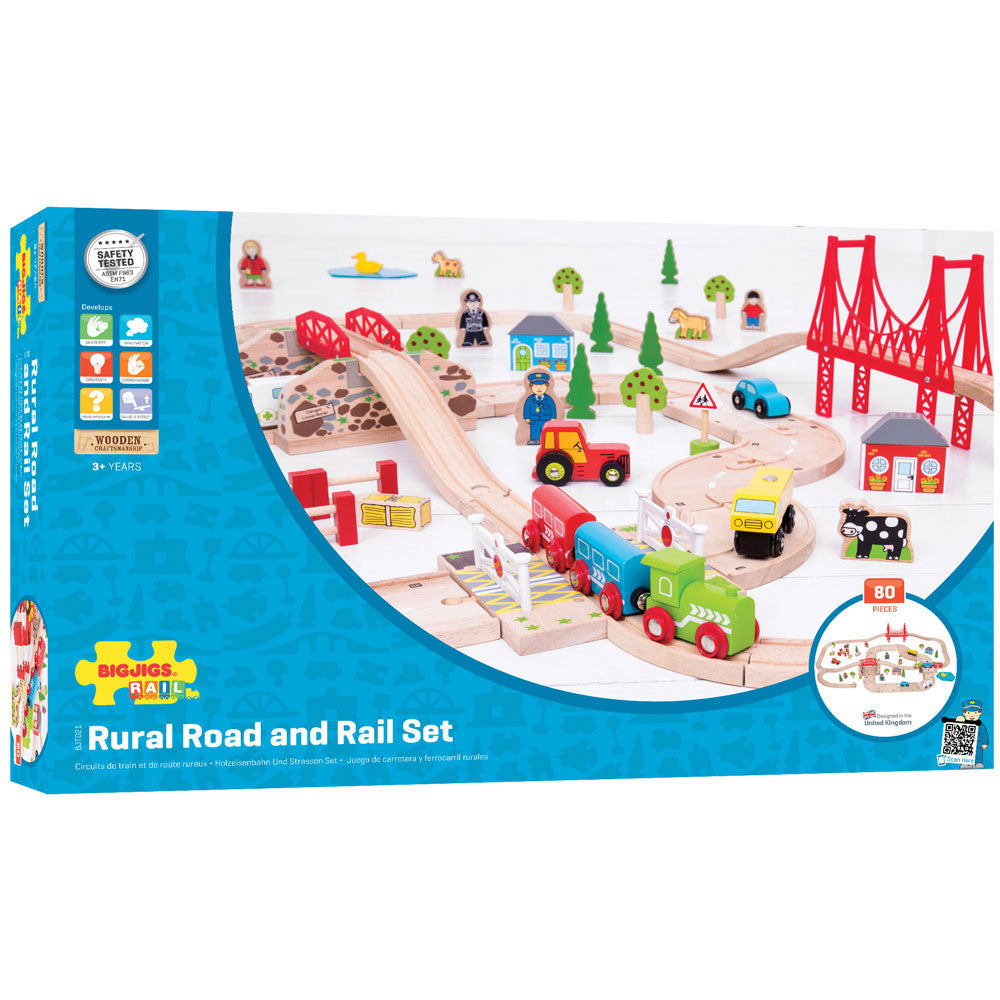 Bigjigs Rail Rural Road and Rail Train Set, Enjoy the best of rail and road with our Road & Rail Wooden Train Set. The two-lane roadway passes under the track and through a level crossing, while the train and brightly coloured carriages head out to the countryside. This Bigjigs Rail Rural Road and Rail Train Set includes farmyard animals, vehicles, trees and town and country folk aplenty. Interconnects railway track and roadway, ensuring children have plenty to interact with. Consists of 80 play pieces. Add
