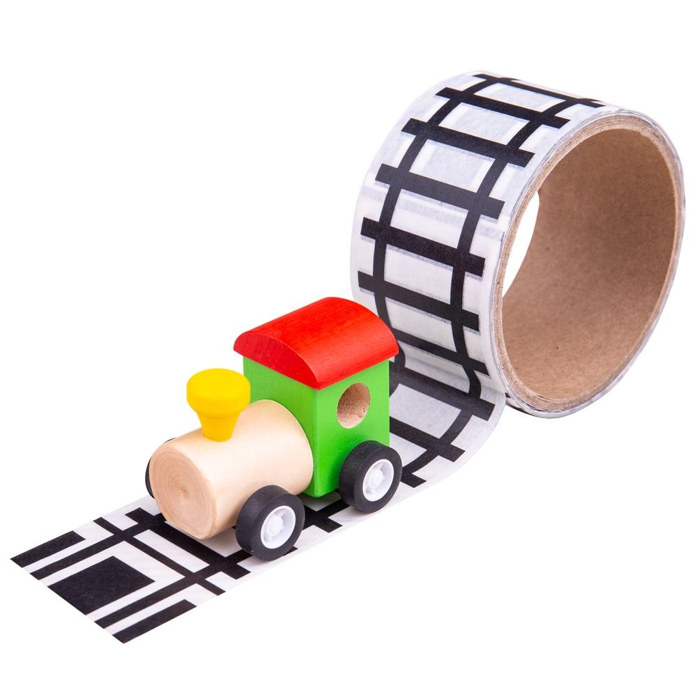 Bigjigs Railway Tape, Create a completely new track layout with every play session with this tactile and durable Bigjigs Railway Tape. The Bigjigs Railway Tape is easy to use, just simply peel off and stick to a surface. Bigjigs Railway Tape is suitable for floors, walls and furniture. Easy to tear off, the tape will not leave track or residue, and won't damage the surface. Bigjigs Railway Tape is a great way to encourage imaginative role play. Supplied with a wooden train. Other play tapes are available, i