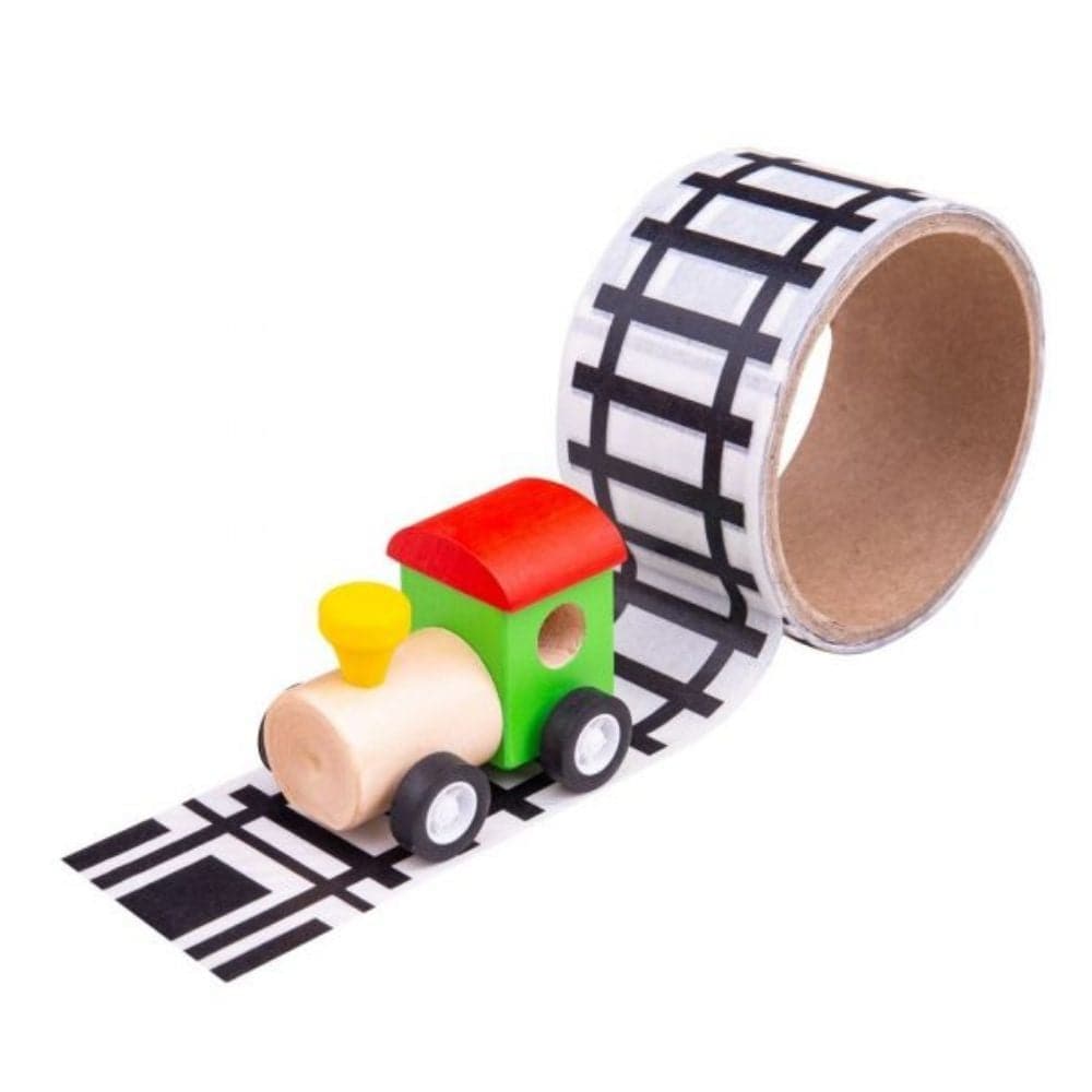 Bigjigs Railway Tape, Create a completely new track layout with every play session with this tactile and durable Bigjigs Railway Tape. The Bigjigs Railway Tape is easy to use, just simply peel off and stick to a surface. Bigjigs Railway Tape is suitable for floors, walls and furniture. Easy to tear off, the tape will not leave track or residue, and won't damage the surface. Bigjigs Railway Tape is a great way to encourage imaginative role play. Supplied with a wooden train. Other play tapes are available, i