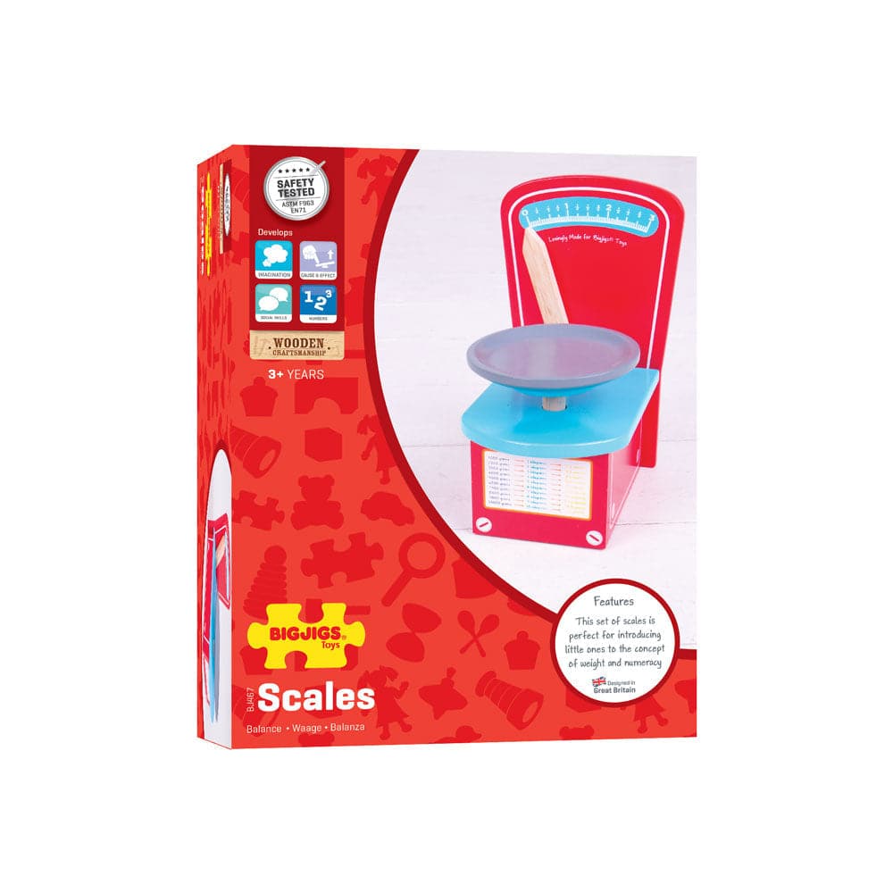 Bigjigs Scales, Use the Bigjigs Scales to introduce the concept of weight and numeracy to your little one with this set of wooden scales, ideal for any wooden play kitchen or play shop. With the Bigjigs Toys wooden weighing scales, encourage your child to weigh all their fruit and vegetables before adding them to their shopping trolley. The Bigjigs Scales are a great way to develop mathematics and social skills from an early age. Encourages creative and imaginative role play. Made from high quality, respons